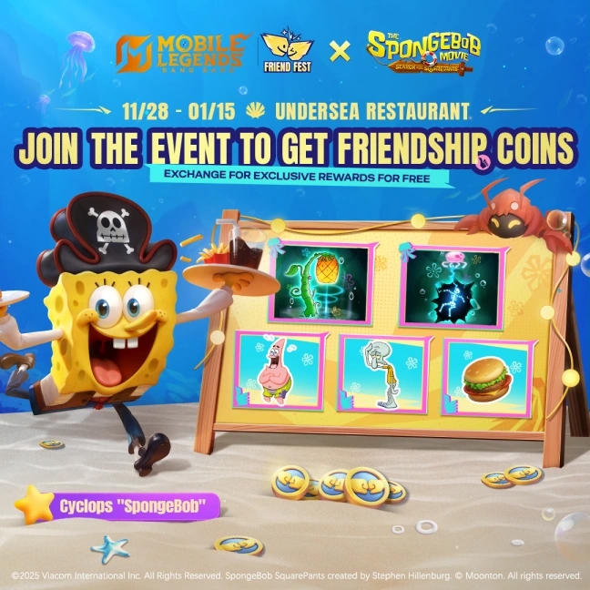 MLBB Friend Fest x SpongeBob SquarePants Hadirkan Event “Undersea Restaurant”, Skin Cyclops SpongeBob Bisa Didapat Gratis!