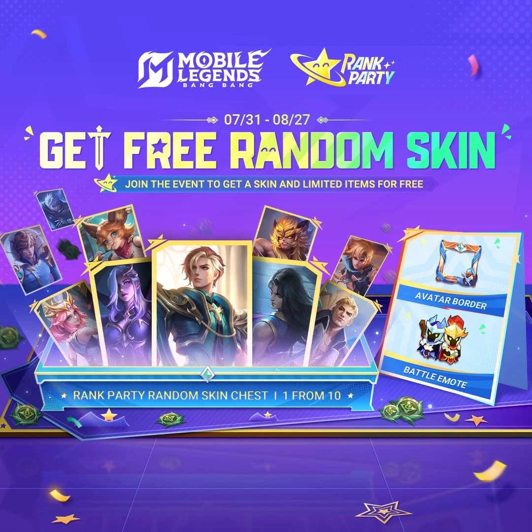 MLBB Rank Party Hadir! Dapatkan Skin Gratis, Battle Emote, dan Avatar Border Eksklusif Mulai 31 Juli