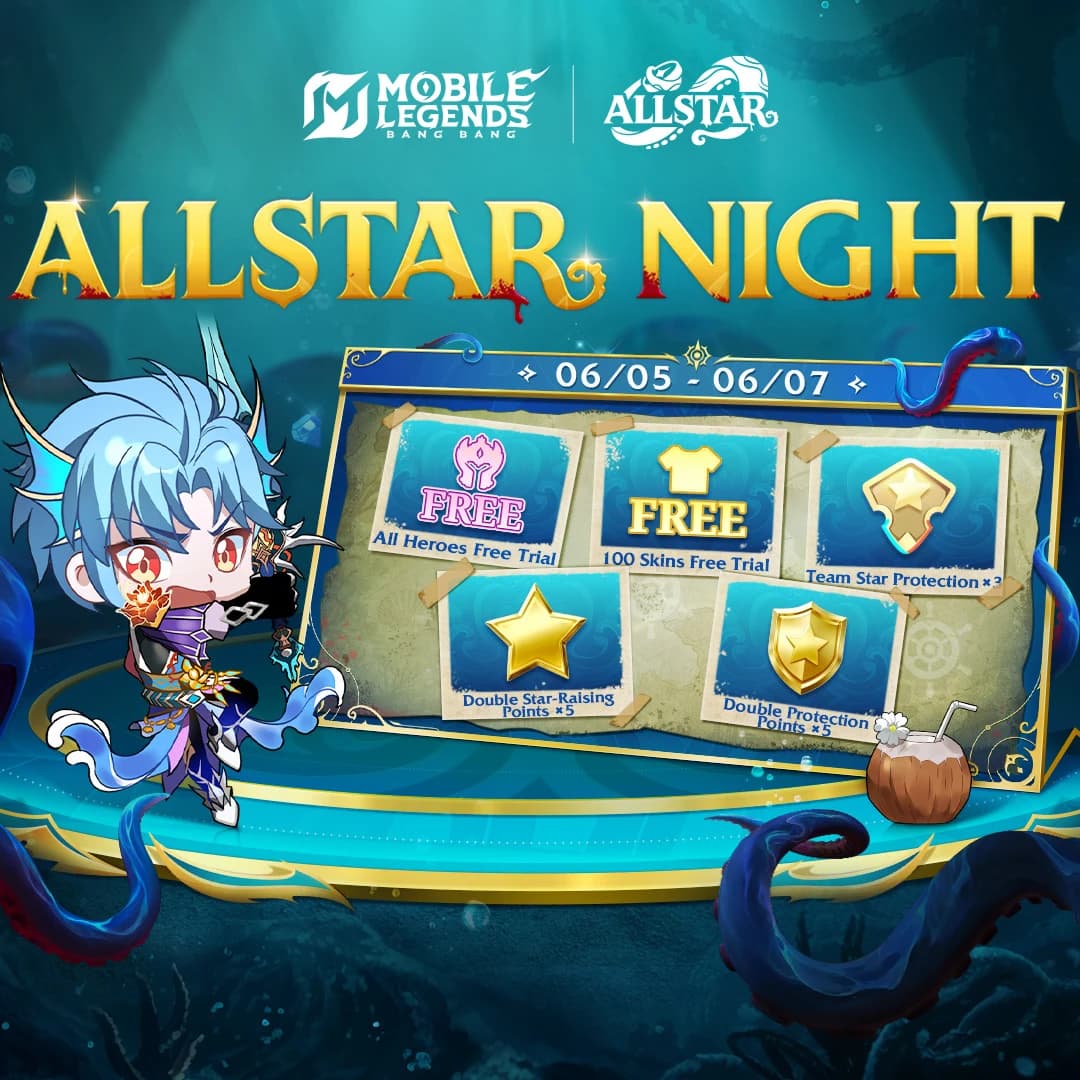 ALLSTAR Night Mobile Legends Resmi Dimulai! Coba Semua Hero dan 100 Skin Gratis, Saat Terbaik Push Rank Telah Tiba