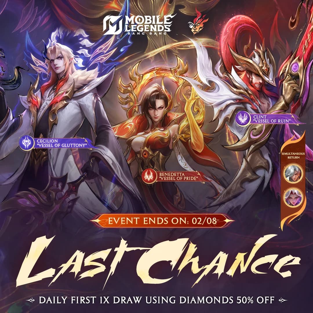 Event MLBB Soul Vessels Berakhir 02/08! Kesempatan Terakhir Dapatkan Skin Eksklusif & Diskon Draw 50%