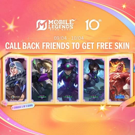 MLBB 10th Anniversary Bagi-Bagi Free Skin! Ajak Teman Kembali dan Pilih 1 dari 5 Skin Gratis