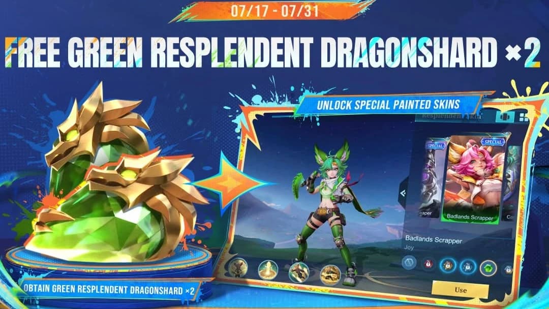 MLBB Bagikan Green Resplendent Dragonshard Gratis! Begini Cara Mendapatkan Painted Skin Joy Badlands Scrapper